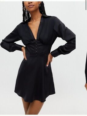 New Urban Outfitters Phoebe Corseted Mini Dress Black Satin Long-Sleeve Medium